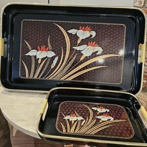 Toyo Japanese Lacquer Trays Set Two Grand Iris Pattern